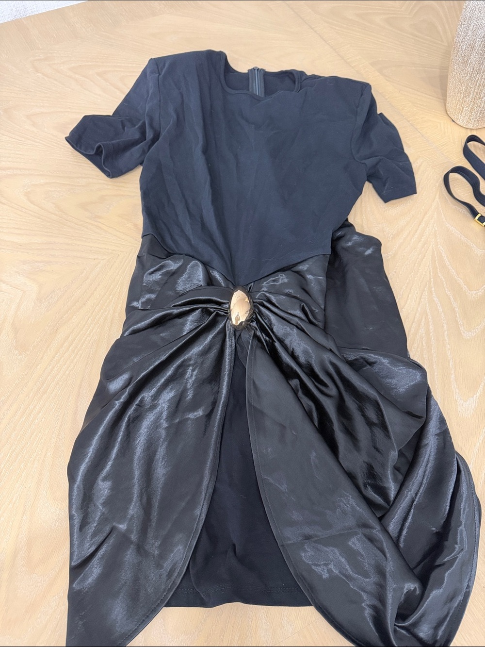 Commense Black Knot-Front Mini Dress with Satin Overlay